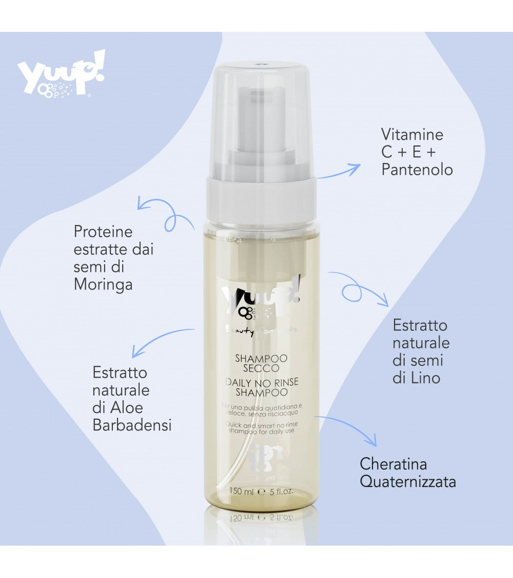 shampoo yuup, shampoo cane, shampoo a secco cane, shampoo senz'acqua cane gatto, shampoo schiuma cane Yuup, pulizia rapida cane gatto, shampoo cane senza risciacquo, shampoo protettivo pelo cane, shampoo con aloe e moringa cane, shampoo cane 150 ml, detergente a secco animali
