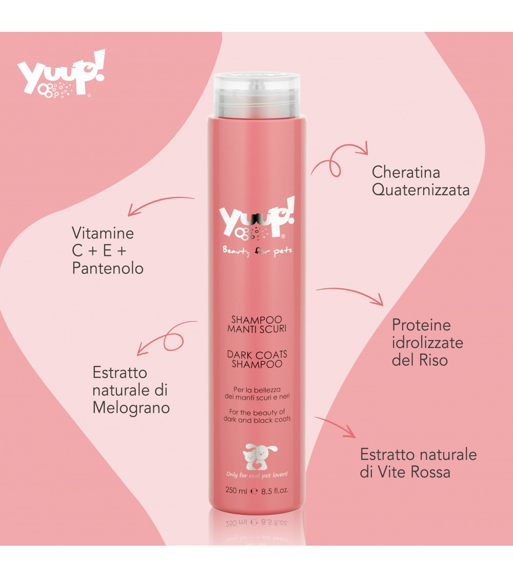 shampoo yuup, shampoo cane, shampoo manti scuri cane gatto, shampoo Yuup manti neri, shampoo ravvivante pelo scuro, shampoo cane nero lucentezza, shampoo con vite rossa melograno, shampoo professionale animali, shampoo cane protezione colore, shampoo cane 250 ml