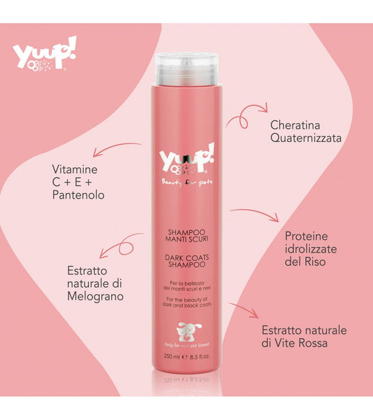 shampoo yuup, shampoo cane, shampoo manti scuri cane gatto, shampoo Yuup manti neri, shampoo ravvivante pelo scuro, shampoo cane nero lucentezza, shampoo con vite rossa melograno, shampoo professionale animali, shampoo cane protezione colore, shampoo cane 250 ml