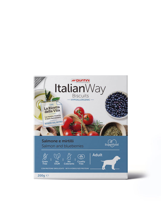 ItalianWay - Biscotti IPOALLERGENICI Senza Cereali per Cani Salmone e Mirtilli Biscuits 200g